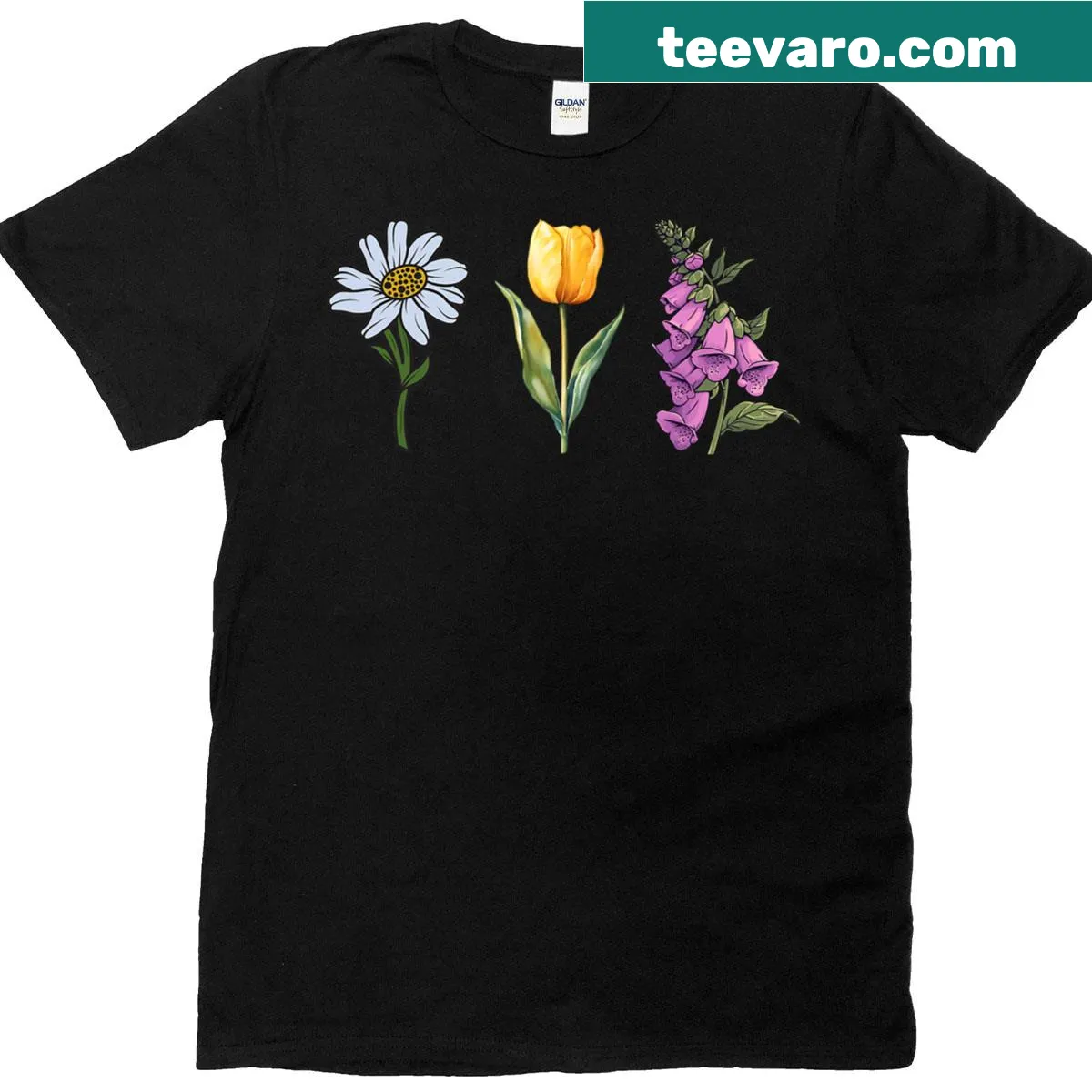 Illustrated botanical flowers t-shirt featuring foxglove, daisies, and tulips — on a men's t-shirt