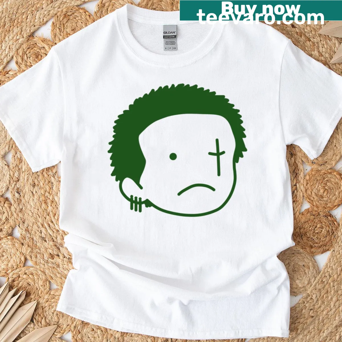 Playful cartoon doodle of Zoro on a green T-shirt — on a men's t-shirt