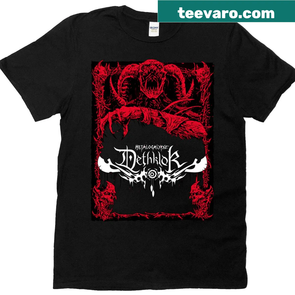 Dark T-shirt featuring graphics inspired by Dethklok — on a men's t-shirt