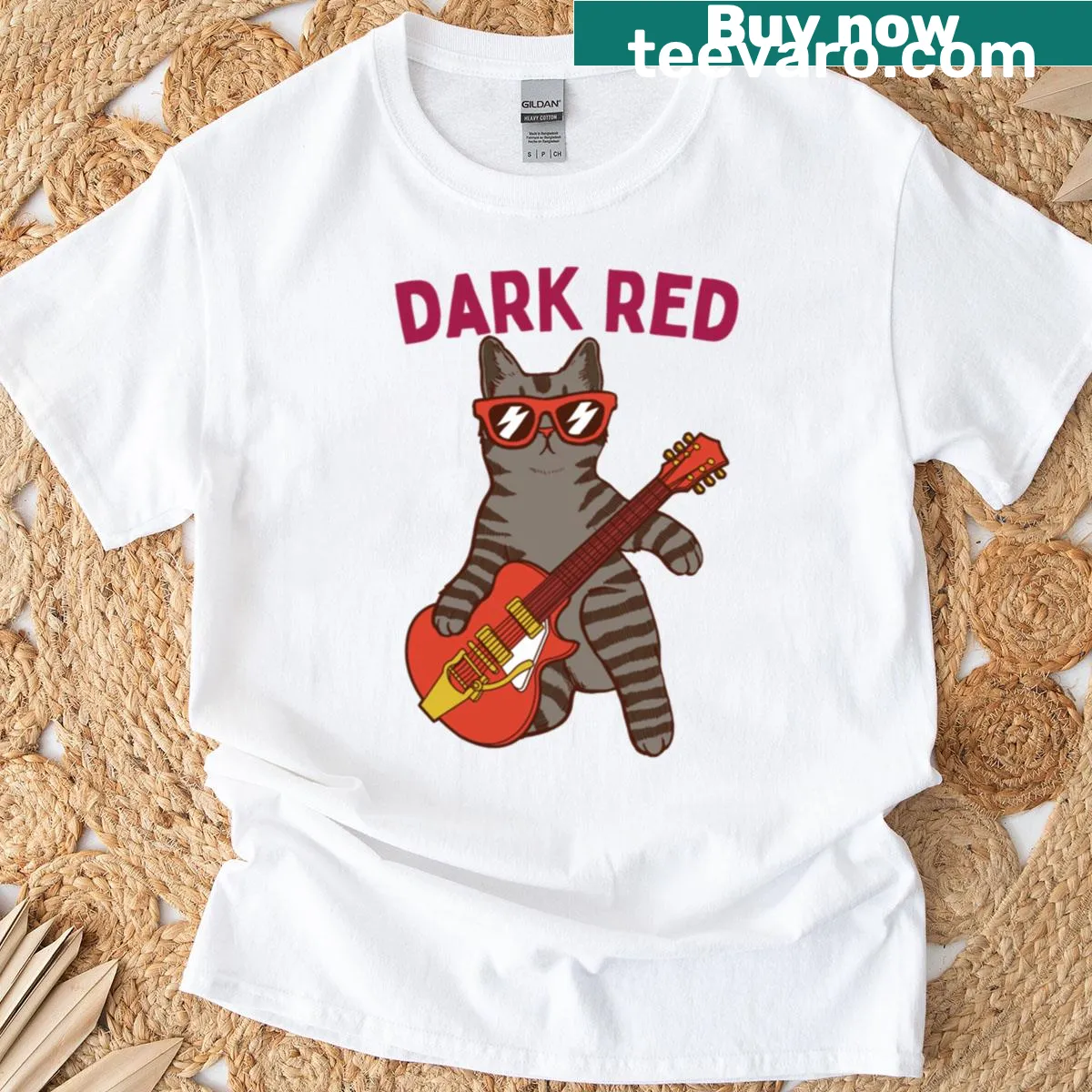 Playful graphic T-shirt featuring a cat playing electric guitar — on a men's t-shirt