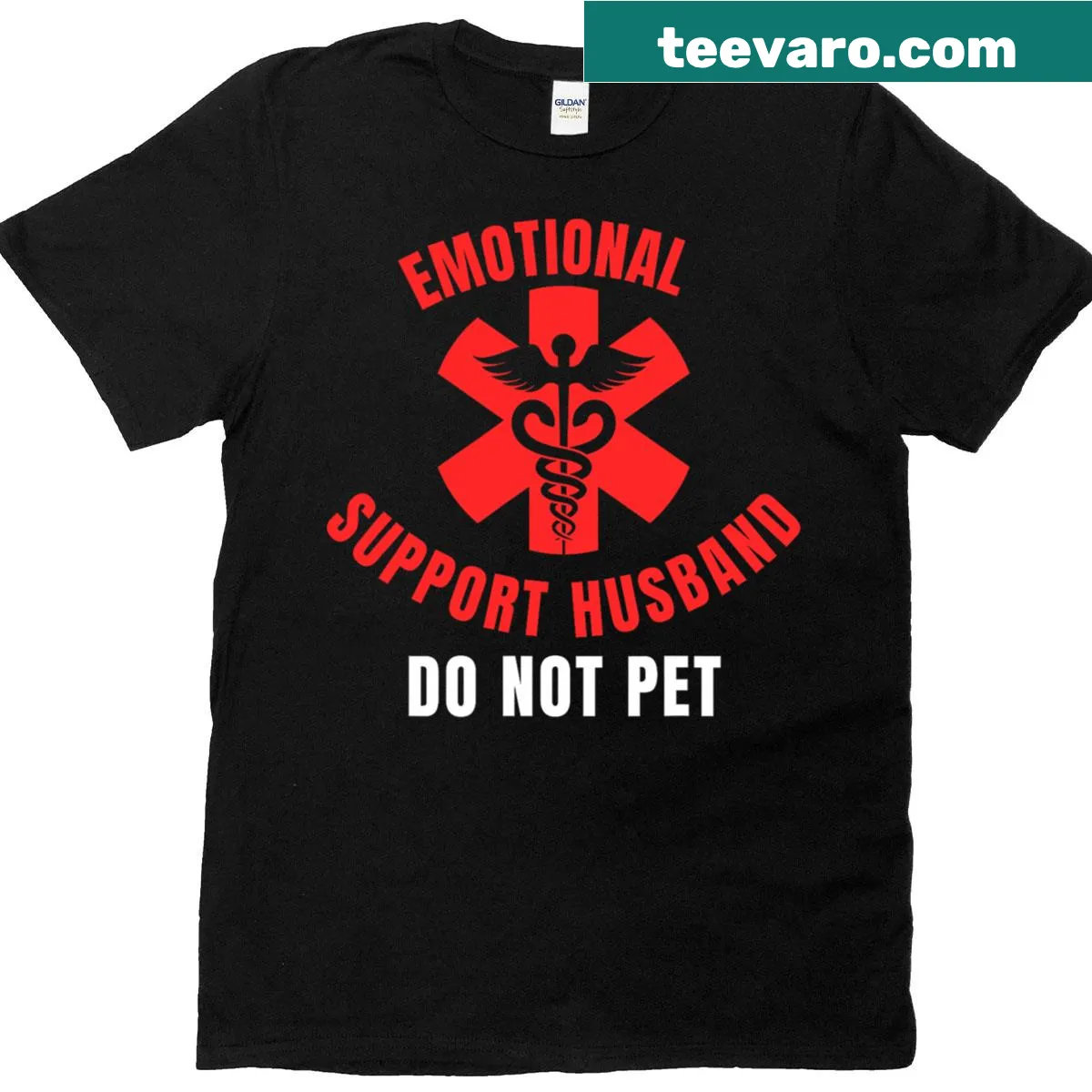 Funny T-shirt warning not to pet emotional support husband — on a men's t-shirt