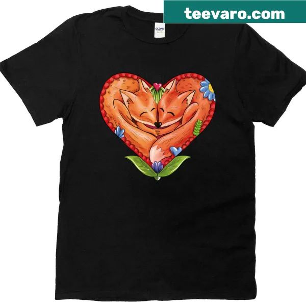 Cute T-shirt featuring illustration of two foxes in love