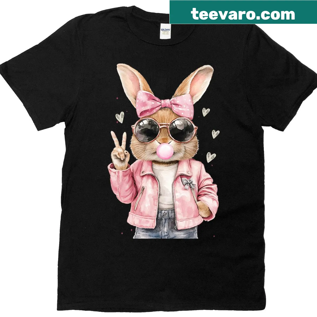 Cute Easter Bunny blowing a bubble with a peace sign and bow — on a men's t-shirt