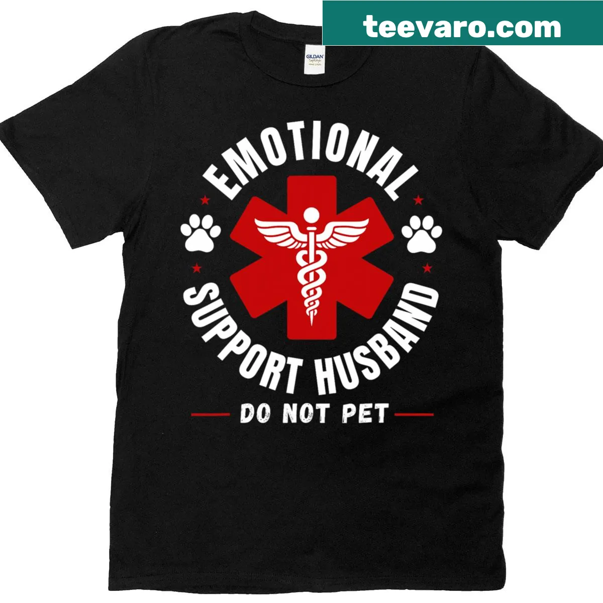 Funny T-shirt with 'Emotional Support Husband Do Not Pet' saying — on a men's t-shirt