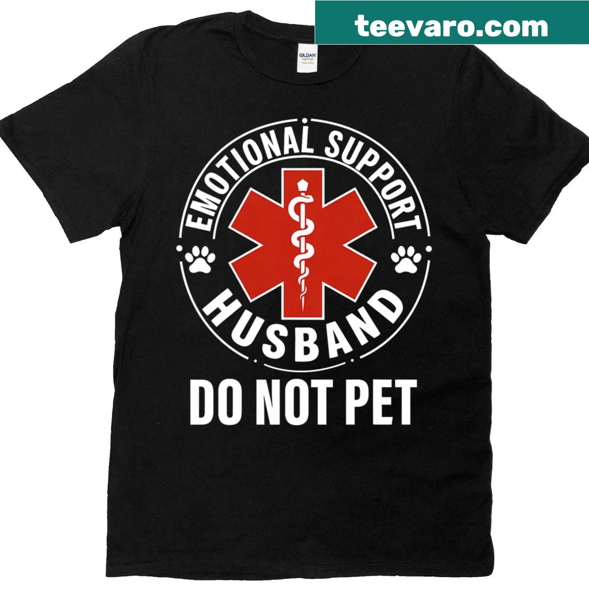 Funny T-shirt with the phrase 'Emotional Support Husband Do Not Pet' — on a men's t-shirt