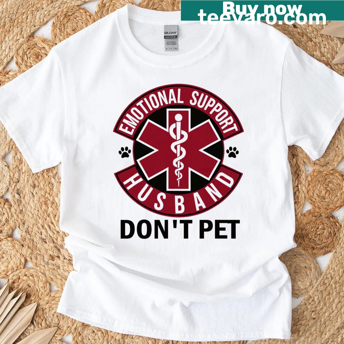 Funny t-shirt stating 'Emotional Support Husband Don't Pet' — on a men's t-shirt