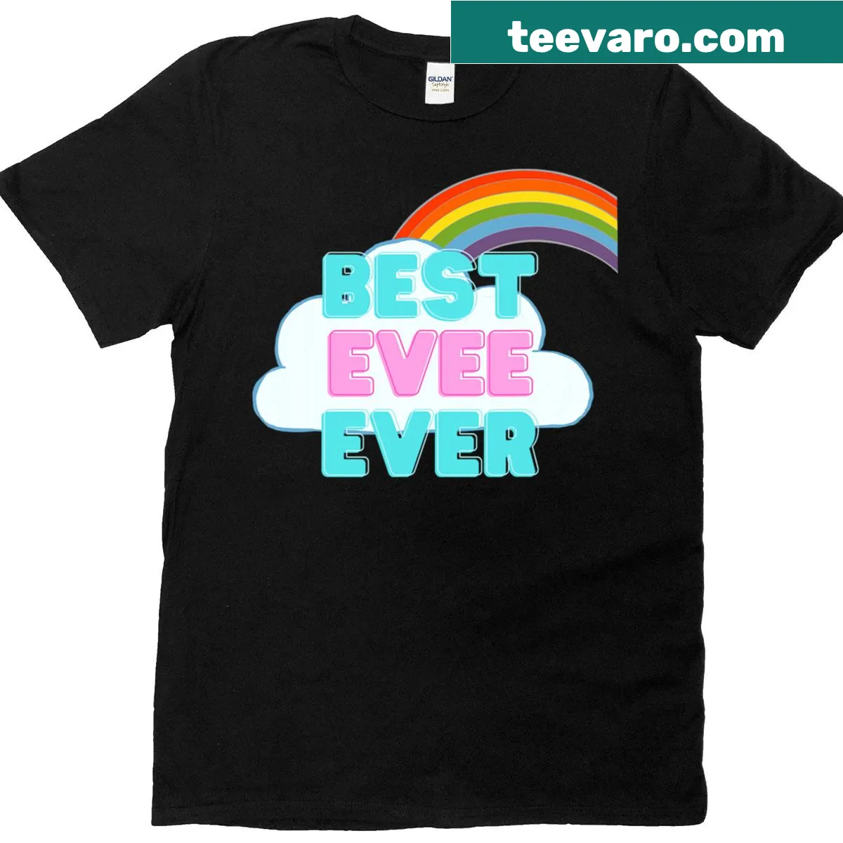 Cute T-shirt featuring Evee with rainbow and cheerful graphics — on a men's t-shirt