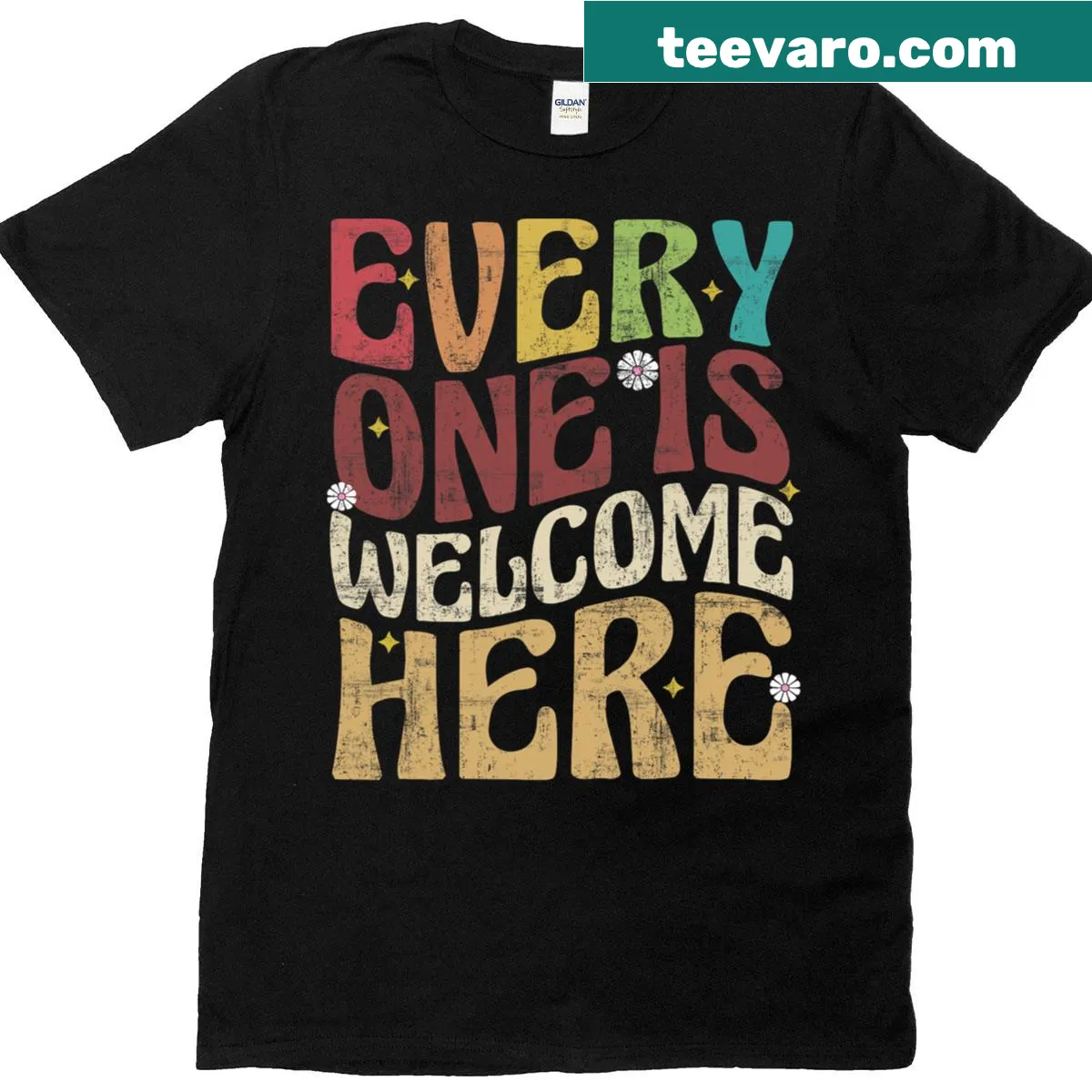 Retro T-shirt with a groovy design promoting inclusivity for teachers — on a men's t-shirt