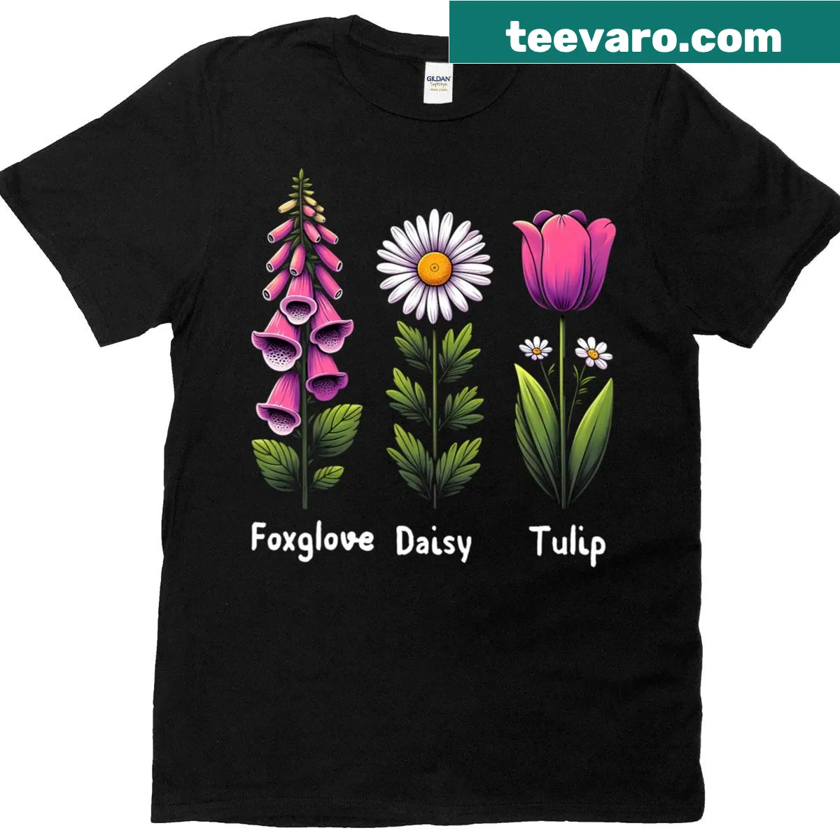 Floral T-shirt featuring foxglove, daisy, and tulip designs — on a men's t-shirt