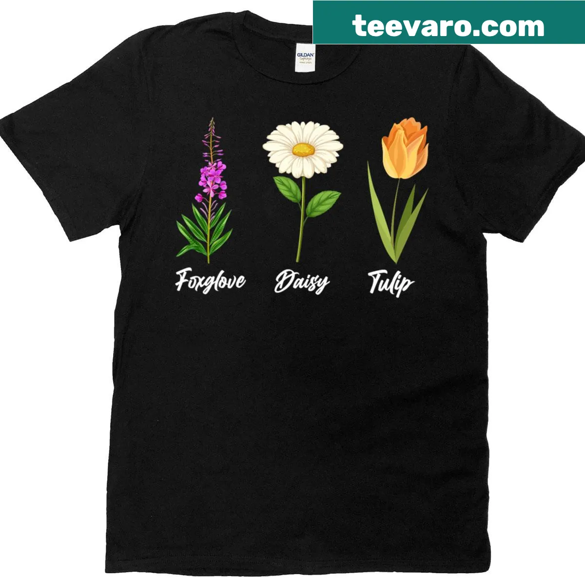 Cute floral T-shirt with foxglove, daisy, and tulip graphics — on a men's t-shirt