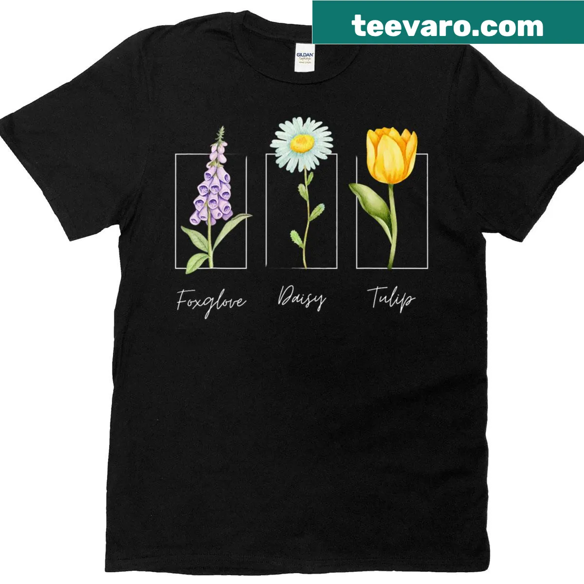 Spring floral T-shirt featuring foxglove, daisies, and tulips — on a men's t-shirt