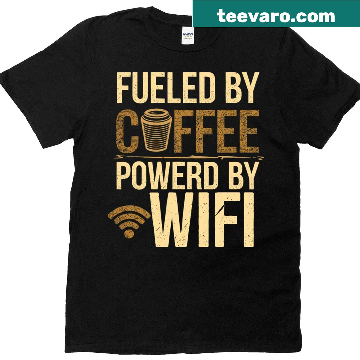 Funny coffee tech quote T-shirt saying 'Fueled By Coffee Powered By Wifi.' — on a men's t-shirt
