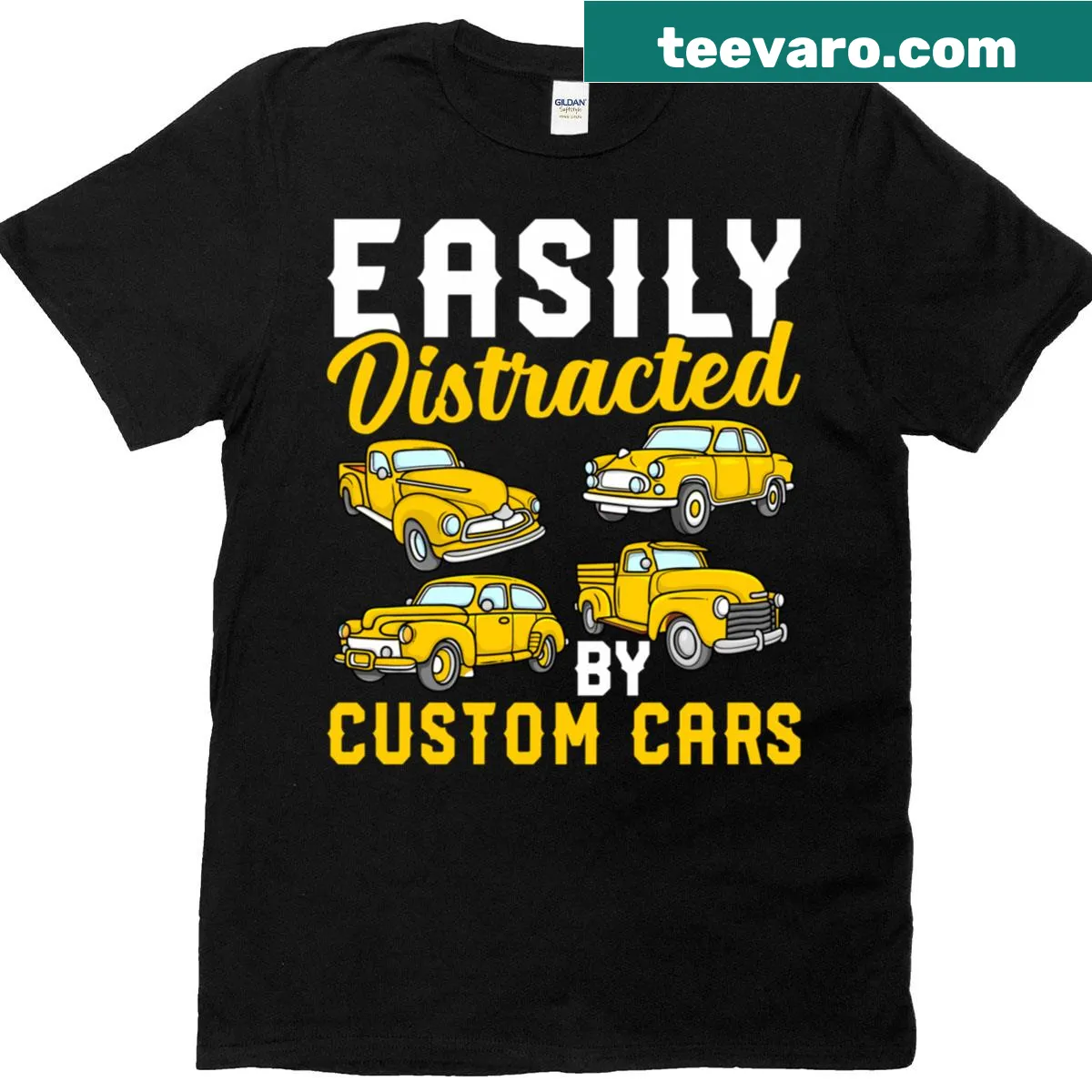 Humorous T-shirt for car lovers featuring custom cars — on a men's t-shirt