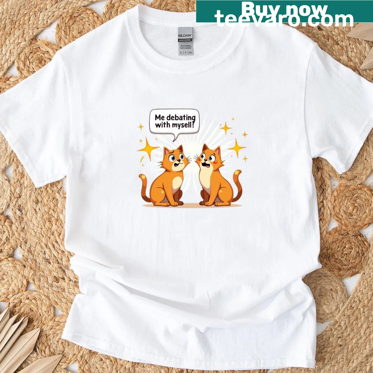 Illustrated t-shirt featuring a Gemini cat debating with itself — on a men's t-shirt