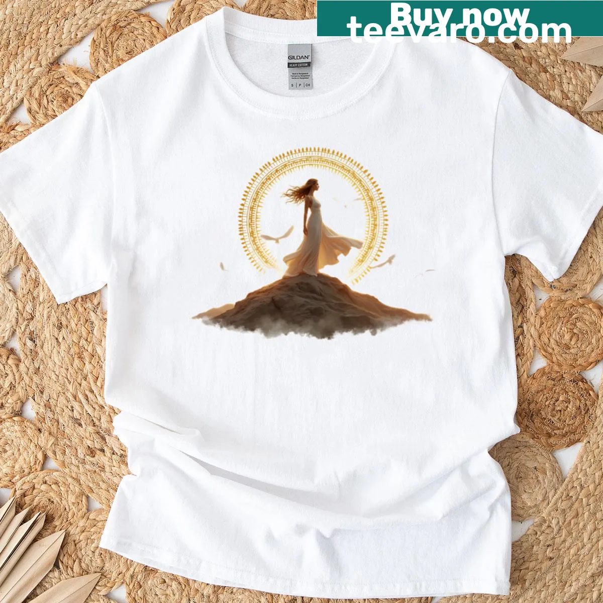 T-shirt featuring a Greek goddess illustration on a mountaintop — on a men's t-shirt