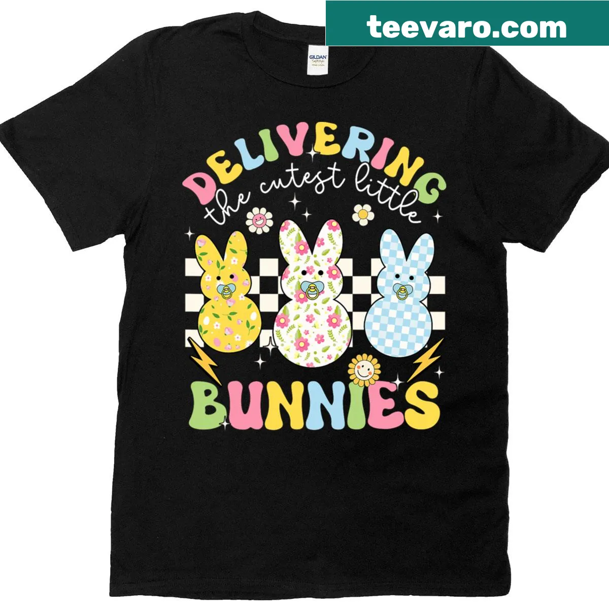 Cute illustrated bunnies for Easter on a playful t-shirt — on a men's t-shirt