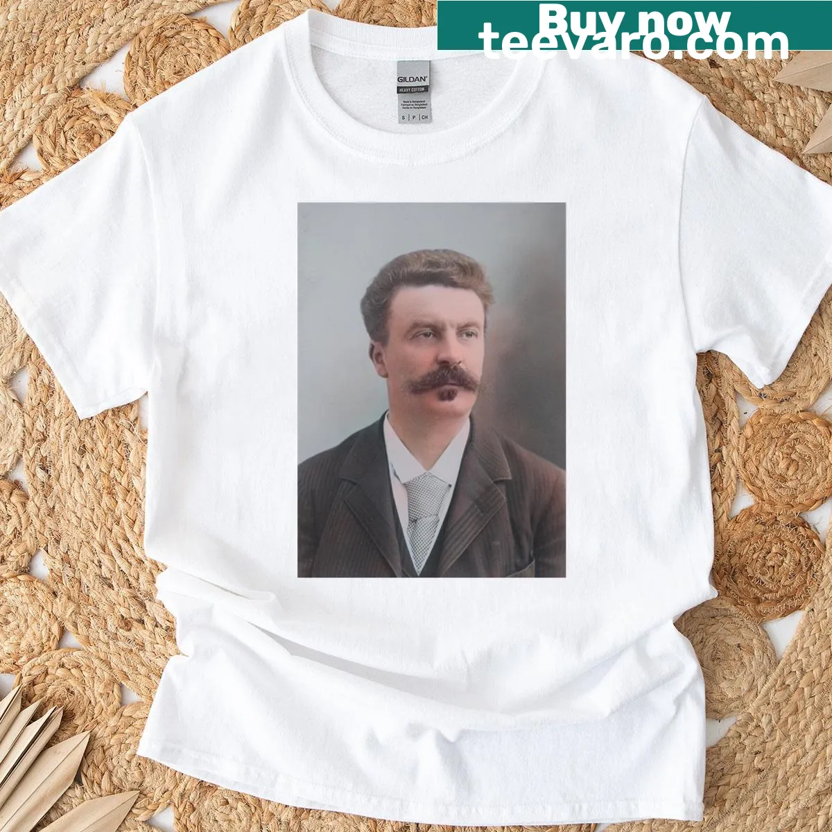 Vintage t-shirt celebrating Guy De Maupassant, 1888 — on a men's t-shirt