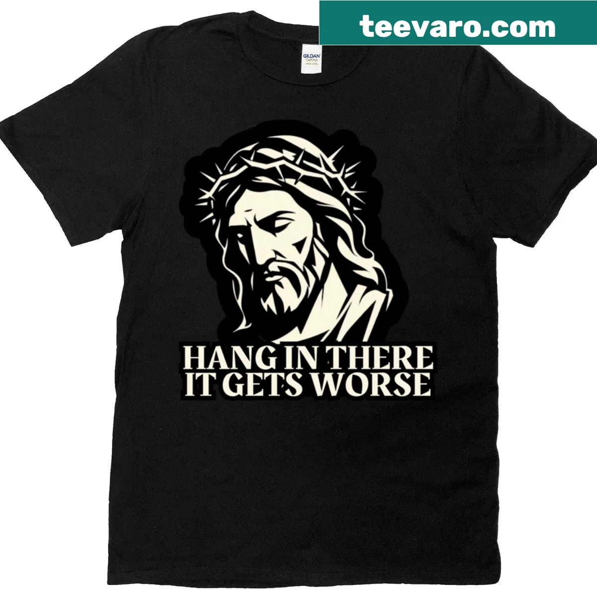 Funny t-shirt with Jesus illustration and humorous message — on a men's t-shirt