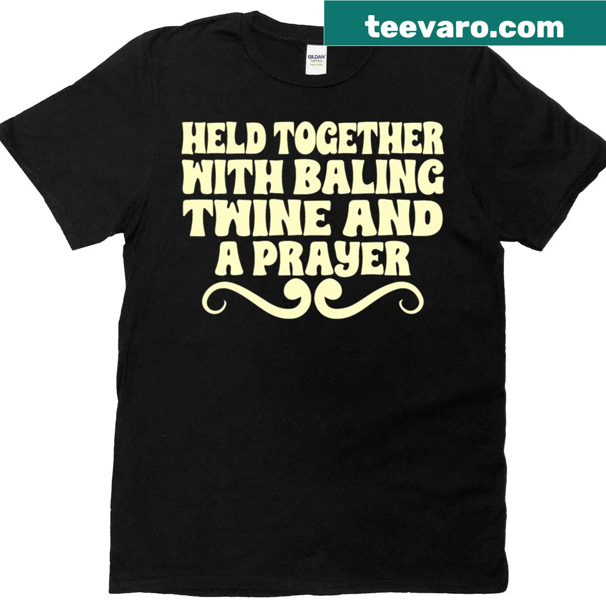 Farm-themed shirt with the phrase about baling twine and prayer. — on a men's t-shirt