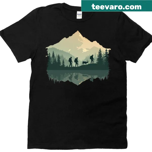 Illustration of a scenic lake and hiking on a T-shirt.