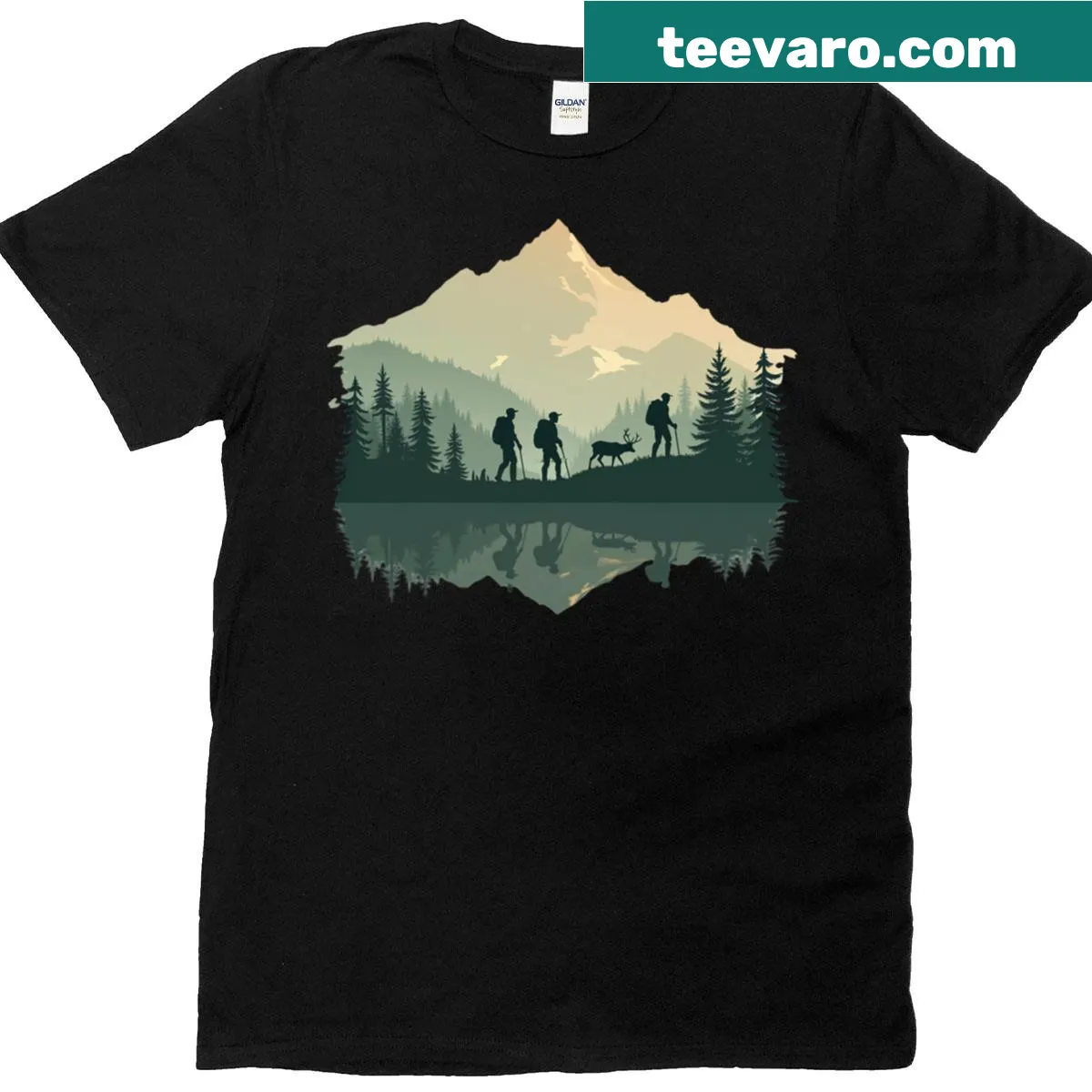 Illustration of a scenic lake and hiking on a T-shirt. — on a men's t-shirt