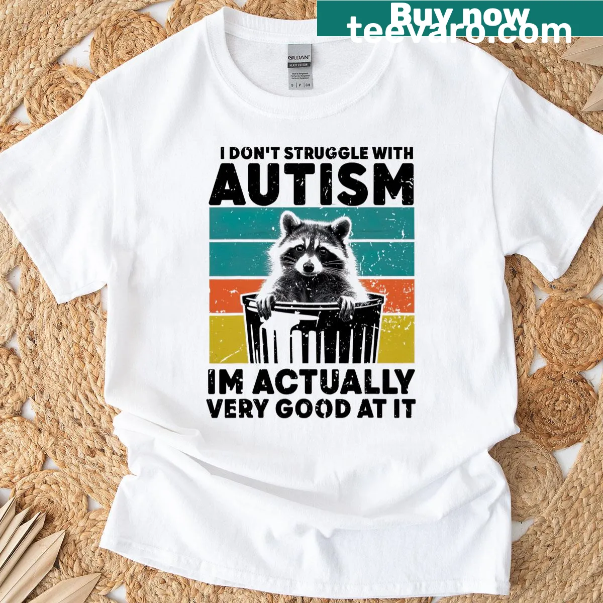 Funny raccoon graphic t-shirt with the phrase about autism — on a men's t-shirt
