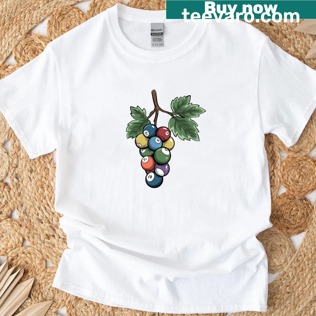 Pool themed artwork with grapes on t-shirt — on a men's t-shirt