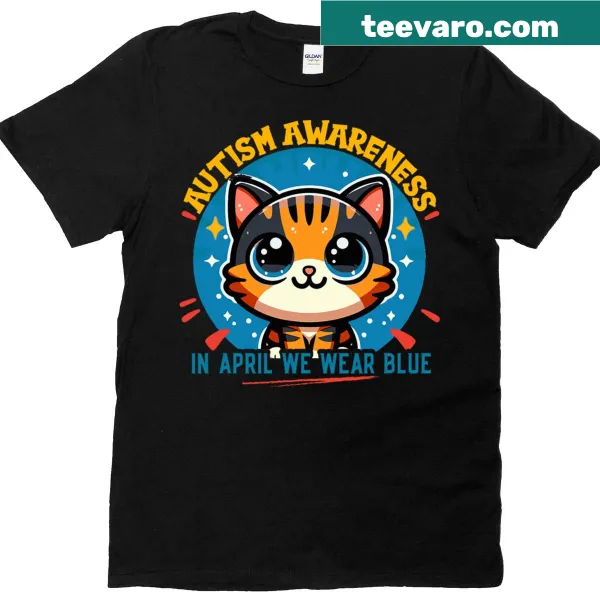 Cat-themed puzzle pieces on autism awareness T-shirt