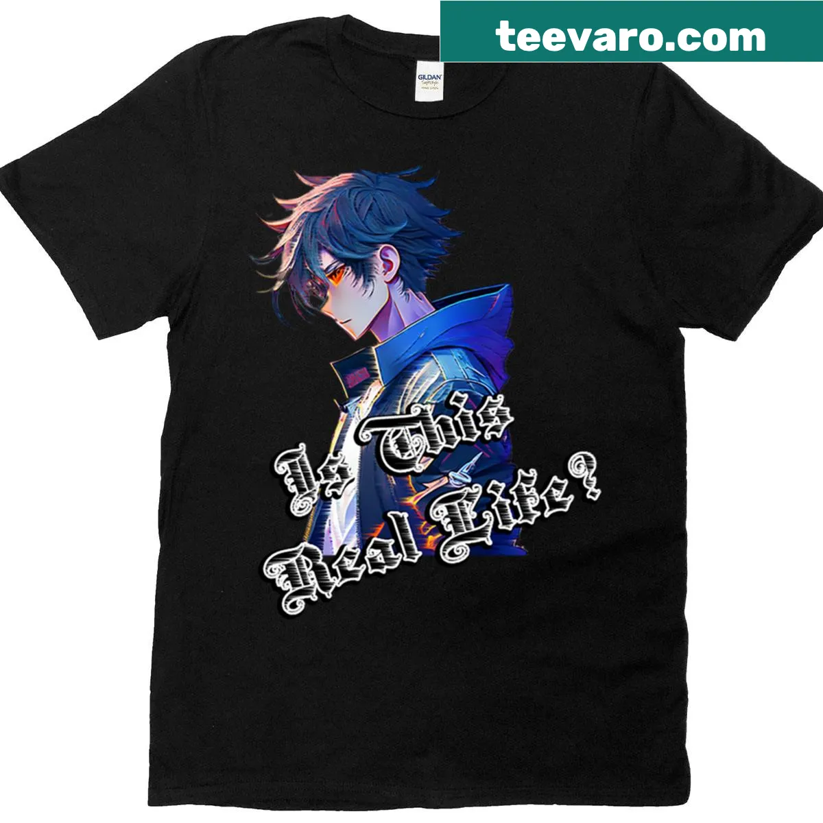T-shirt featuring an illustration of anime characters with the question 'Is This Real Life?' — on a men's t-shirt
