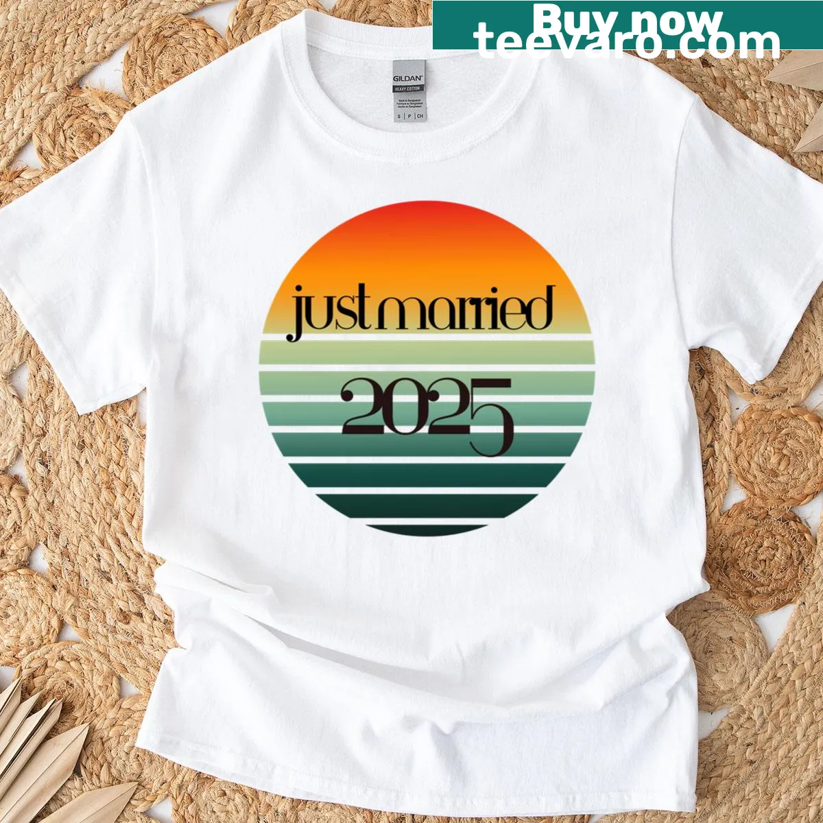 Just Married 2025 t-shirt with elegant typography — on a men's t-shirt