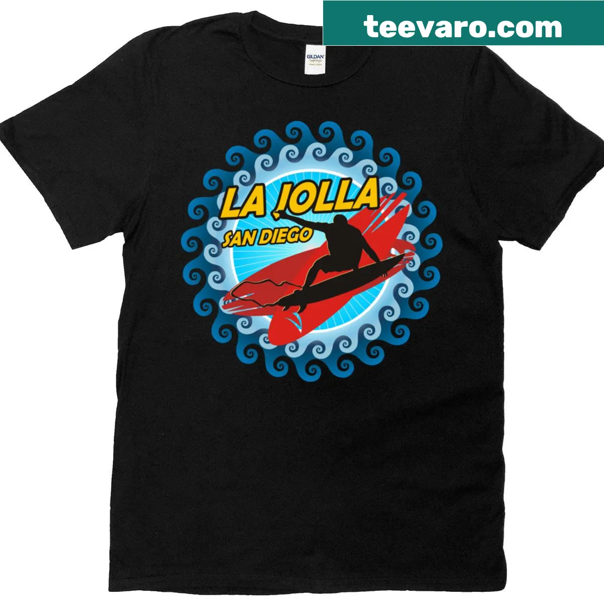 Illustration of a surfer riding a wave on California coast — on a men's t-shirt