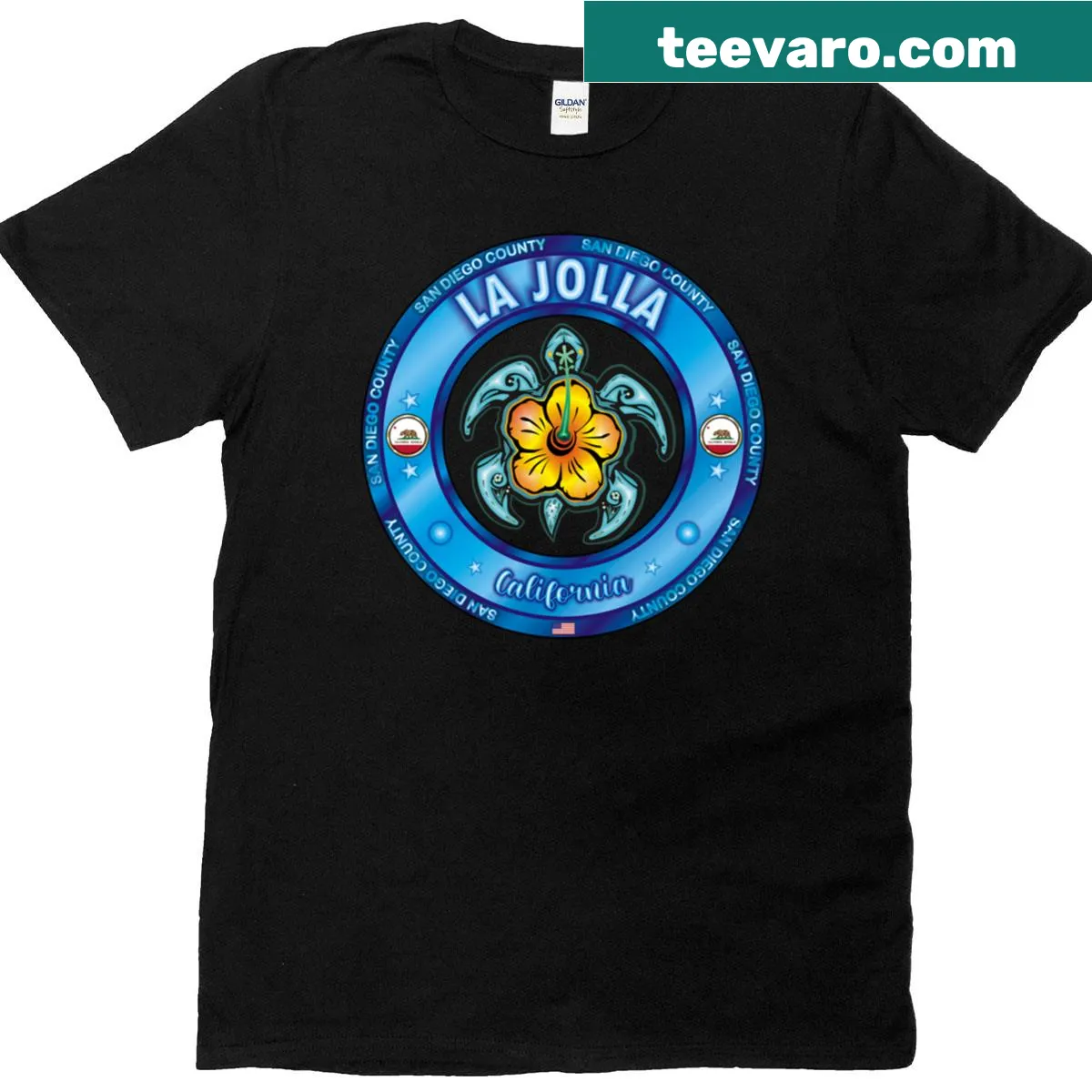 Illustration of a sea turtle and hibiscus flowers on a t-shirt — on a men's t-shirt