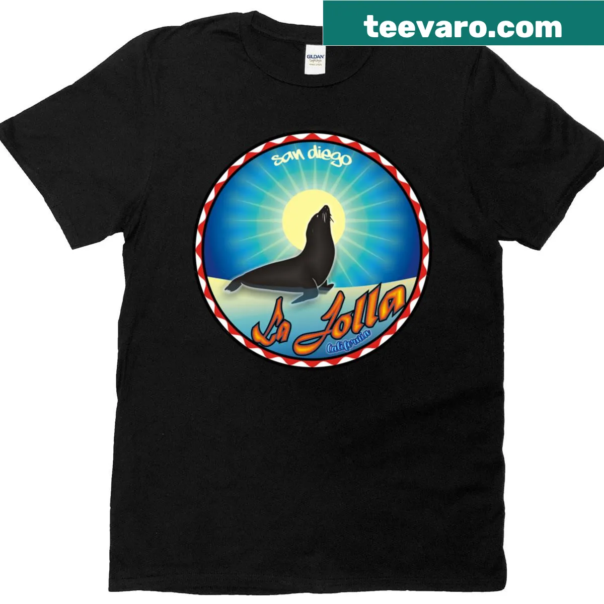 Illustration of a seal basking on the beach — on a men's t-shirt