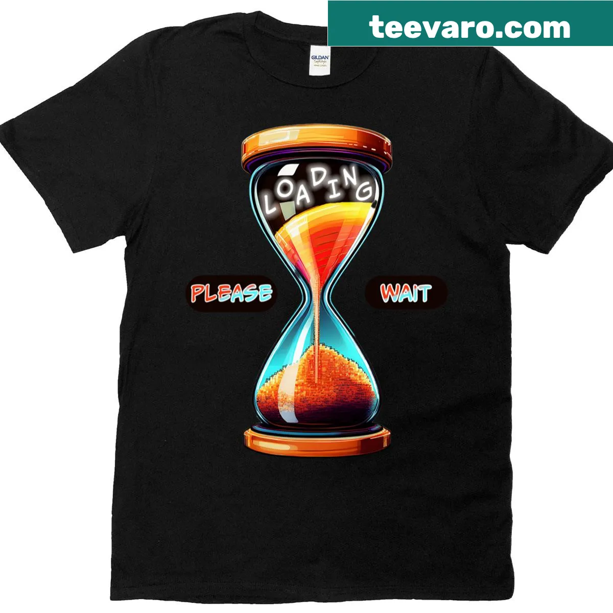 T-shirt featuring an hourglass and 'Loading Please Wait' text — on a men's t-shirt