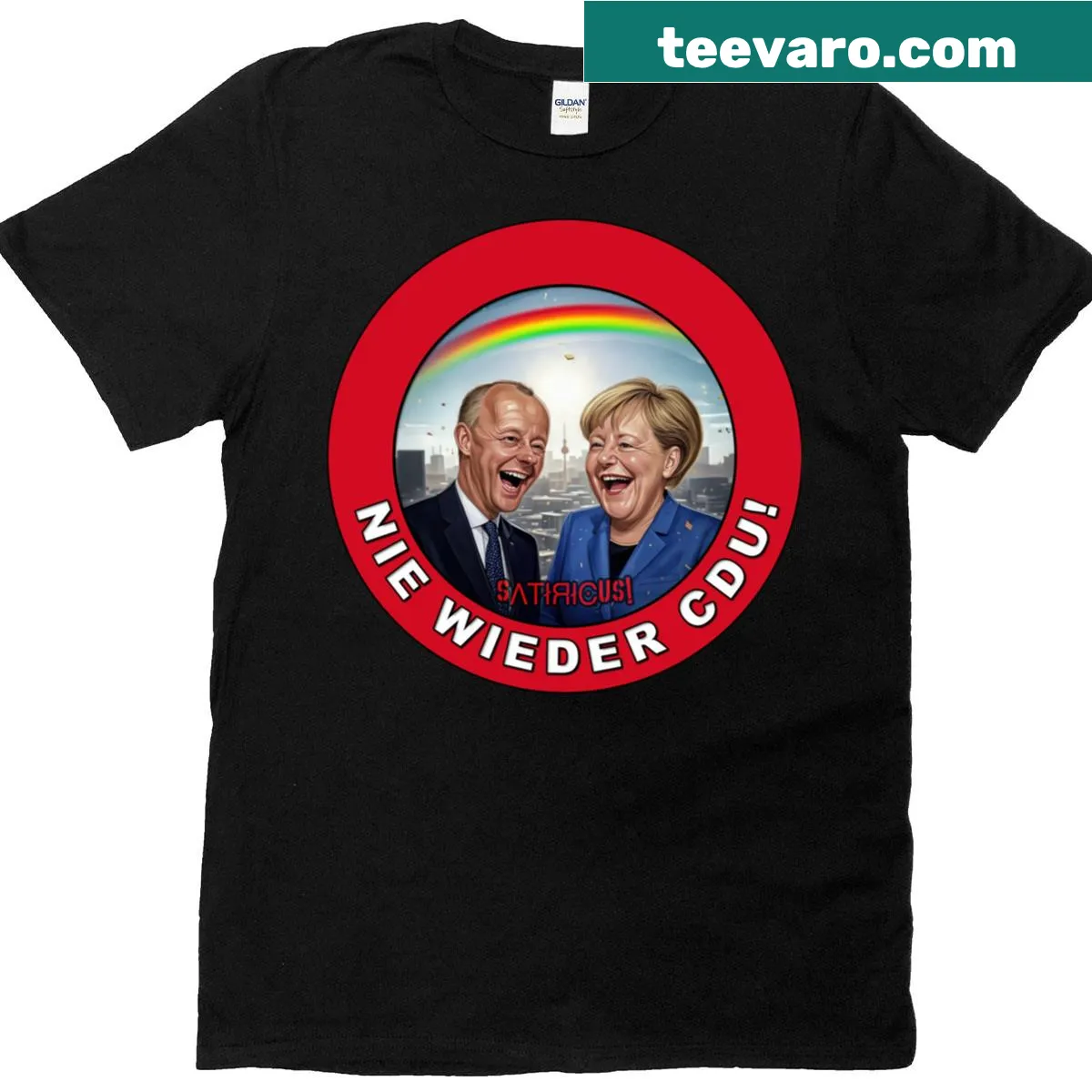 Bold T-shirt with the phrase 'Merz Merkel Never Again CDU!' — on a men's t-shirt