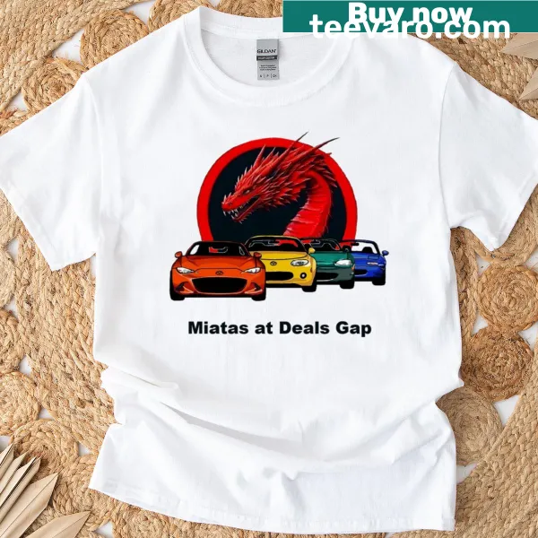 Miatas At Deals Gap graphic t-shirt with automotive theme