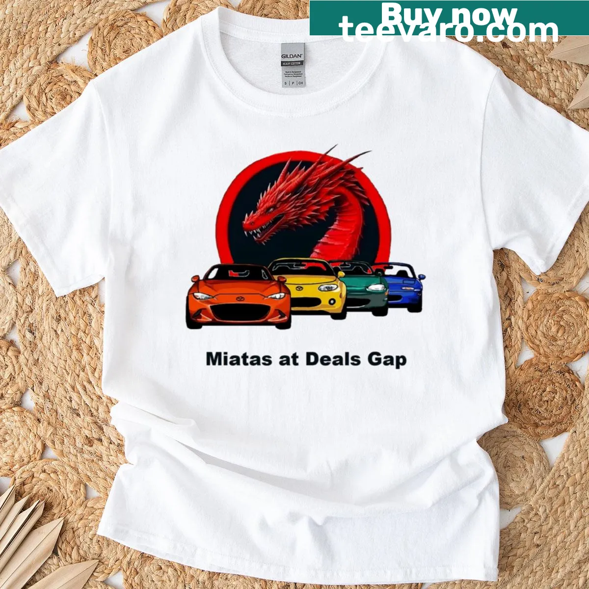 Miatas At Deals Gap graphic t-shirt with automotive theme — on a men's t-shirt