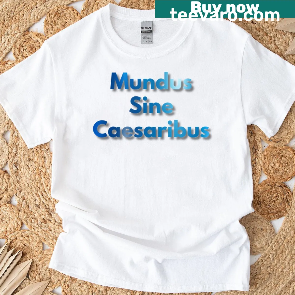 Bold typography design featuring 'Mundus Sine Caesaribus' on a t-shirt — on a men's t-shirt