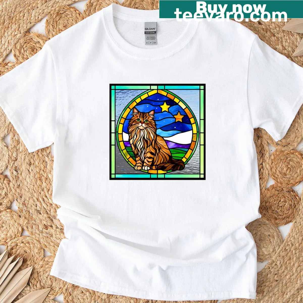 Persian cat stained glass art T-shirt with starry sky theme — on a men's t-shirt