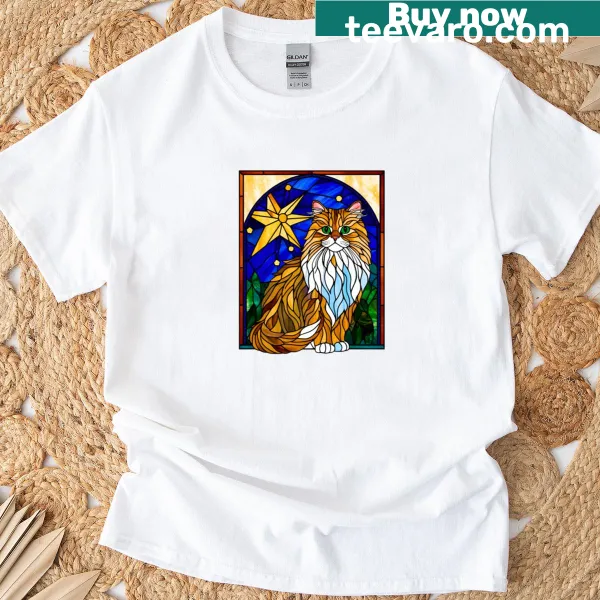 Persian pussy cat stained glass art T-shirt with starry sky