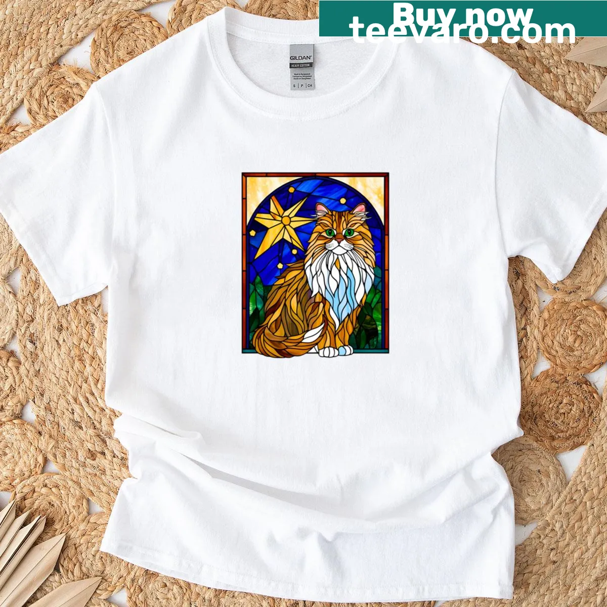 Persian pussy cat stained glass art T-shirt with starry sky — on a men's t-shirt