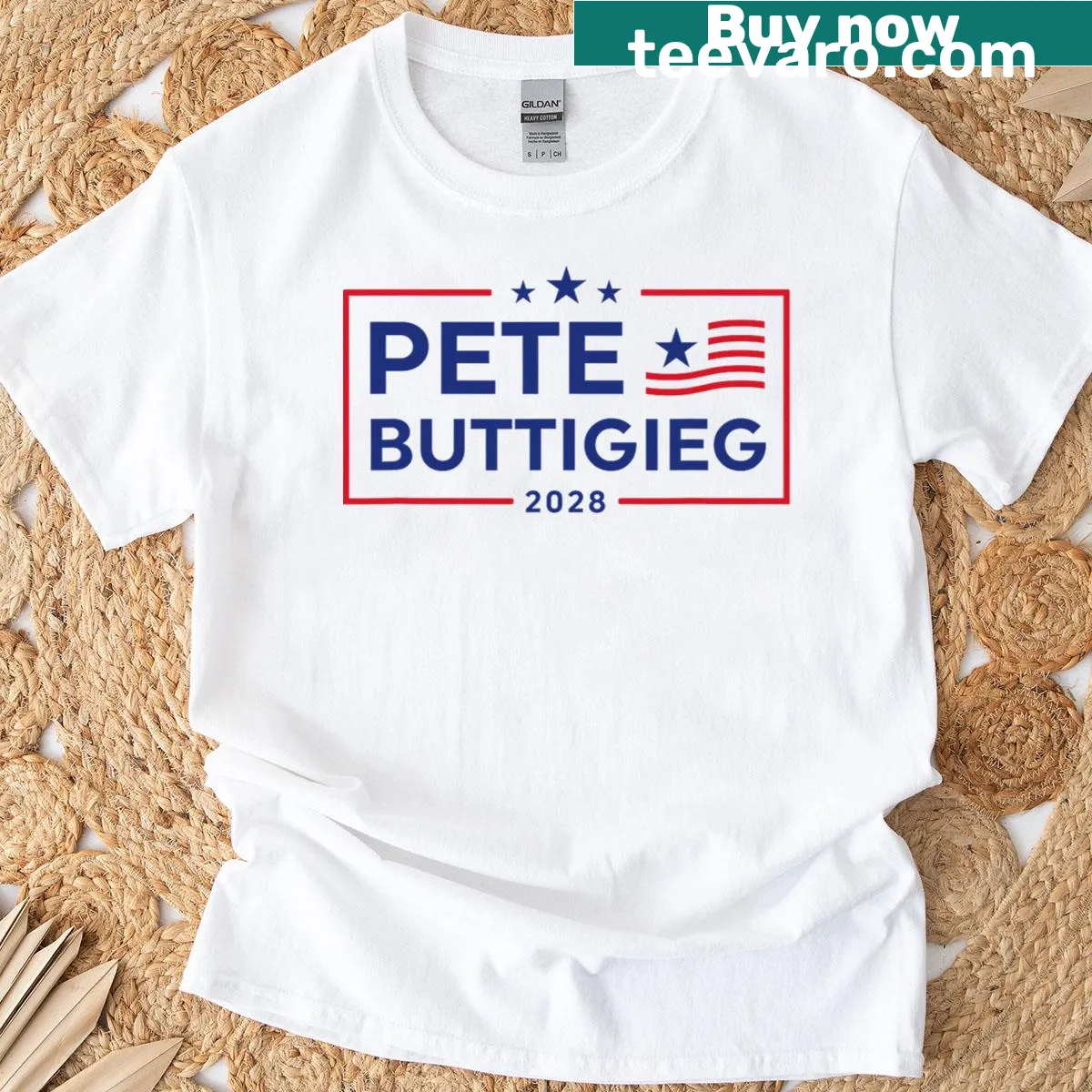 2028 campaign T-shirt for Pete Buttigieg with US flag — on a men's t-shirt