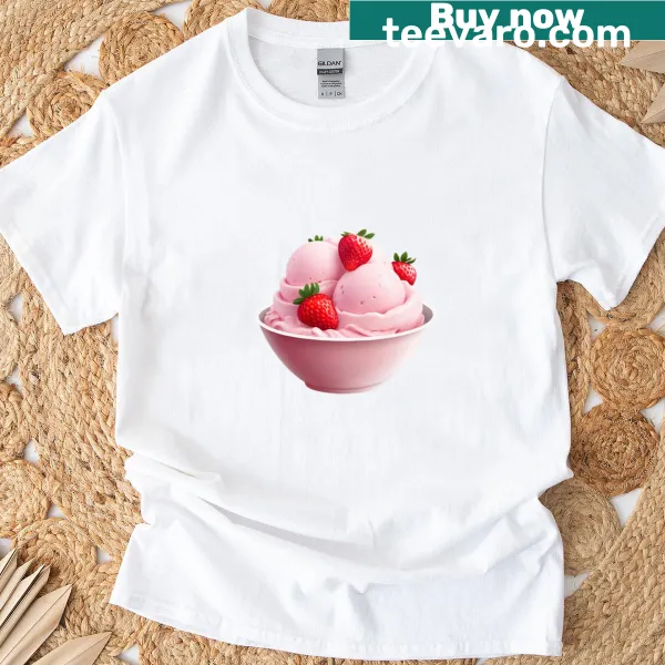 Illustration of pink bowl with strawberry ice cream T-shirt