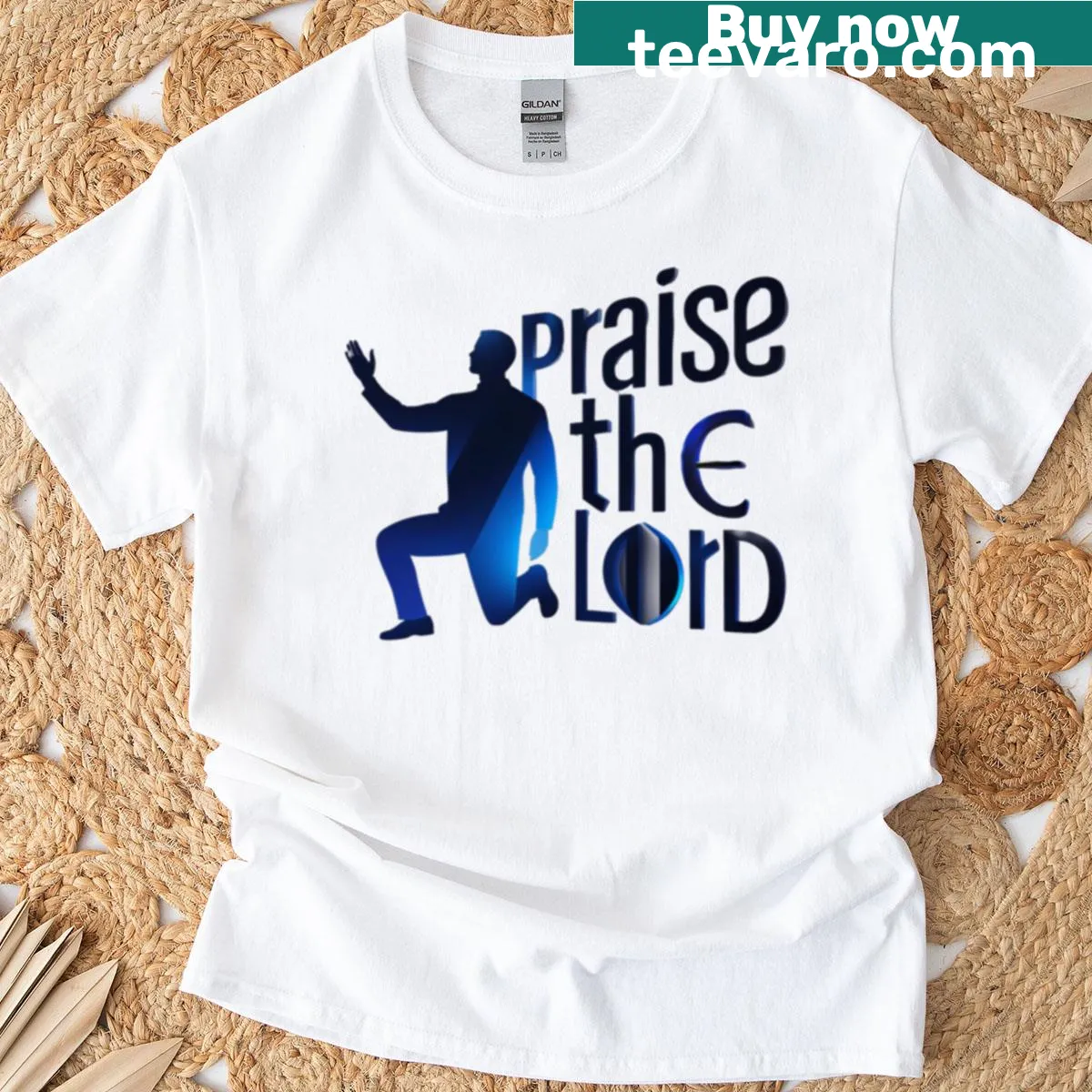 T-shirt with 'Praise The Lord' badge-style emblem — on a men's t-shirt