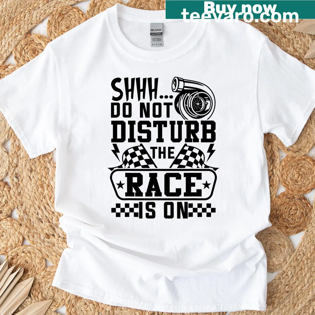Playful motorsport T-shirt with 'Shhh Do Not Disturb The Race Is On' text — on a men's t-shirt