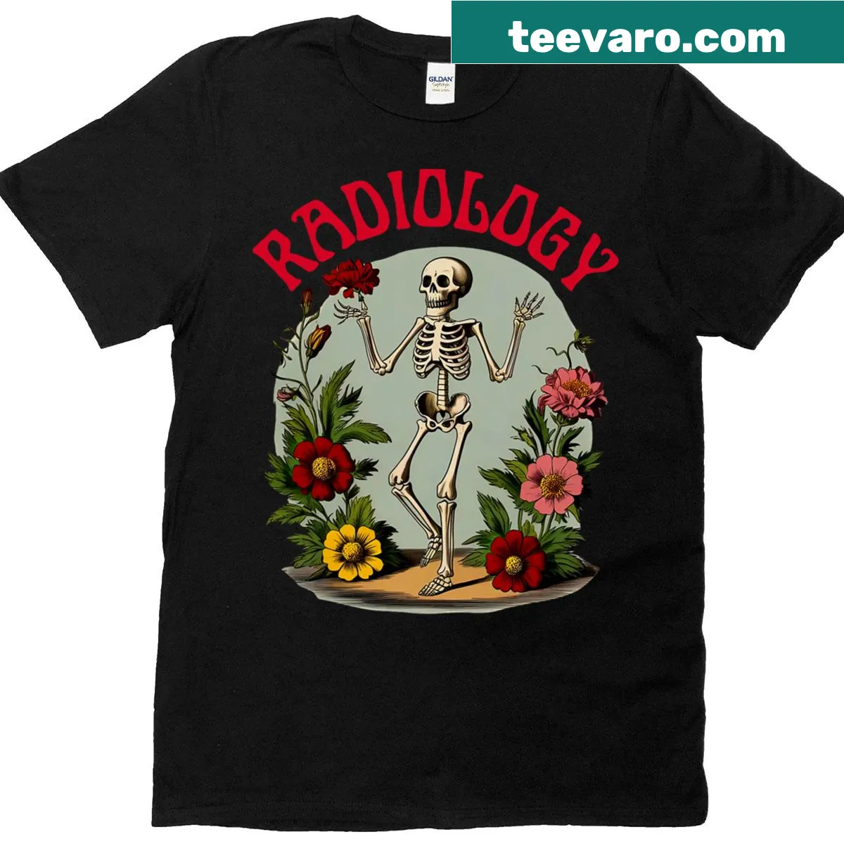 Radiologic Technologist T-shirt featuring a floral skeleton design — on a men's t-shirt