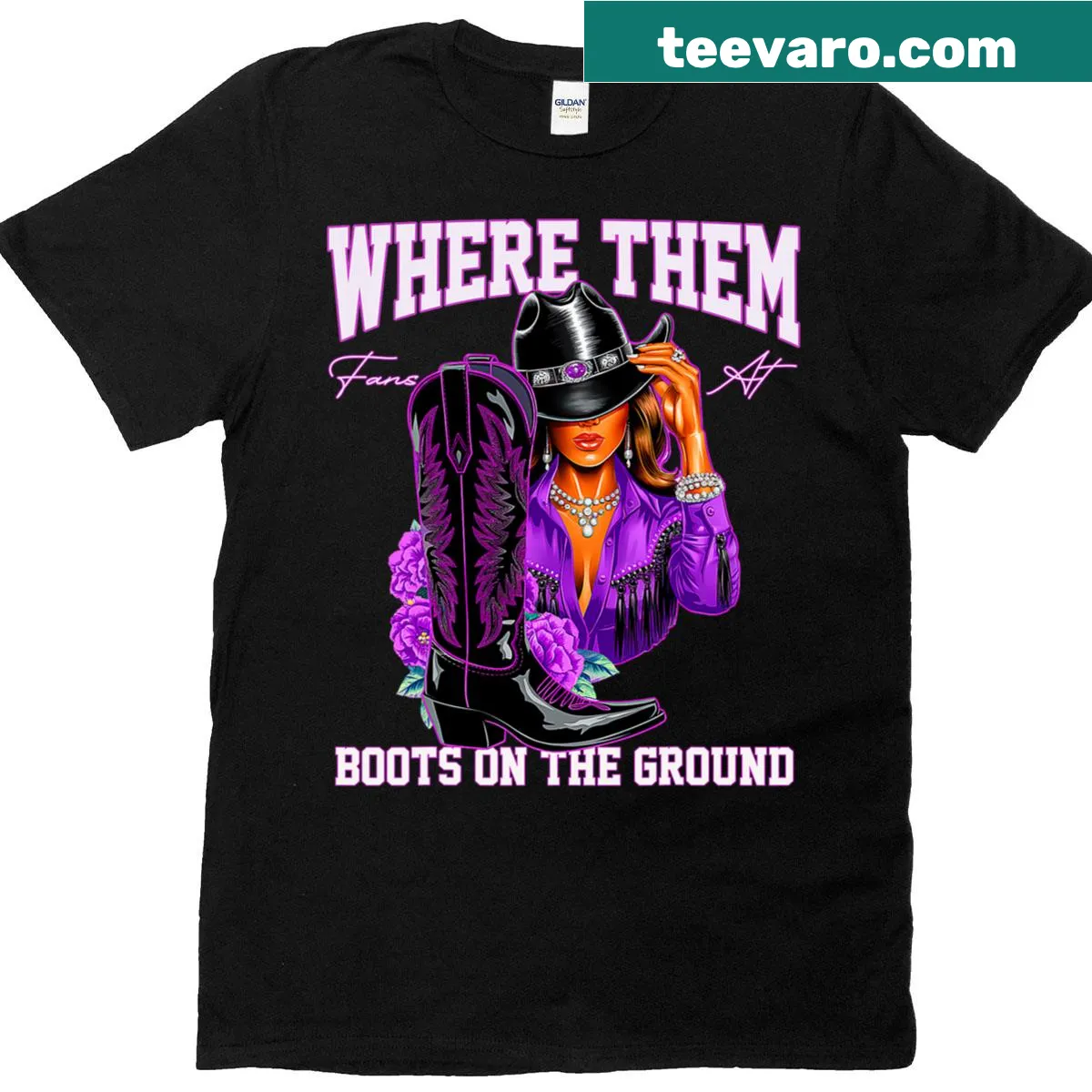 Vintage-style T-shirt with boots graphic and bold text — on a men's t-shirt