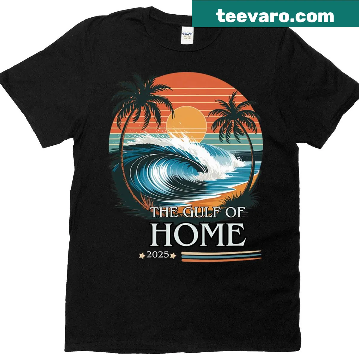 Distressed American flag design with Gulf of Home and year 2025 — on a men's t-shirt