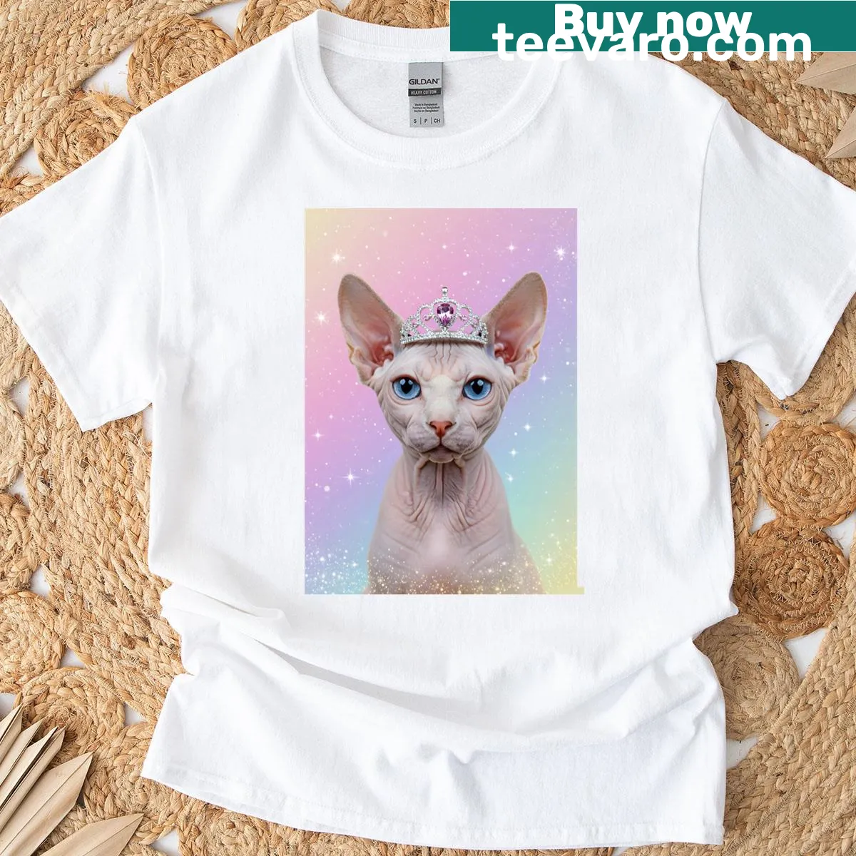 Cute illustration of a Sphynx cat with a crown, representing playful elegance — on a men's t-shirt