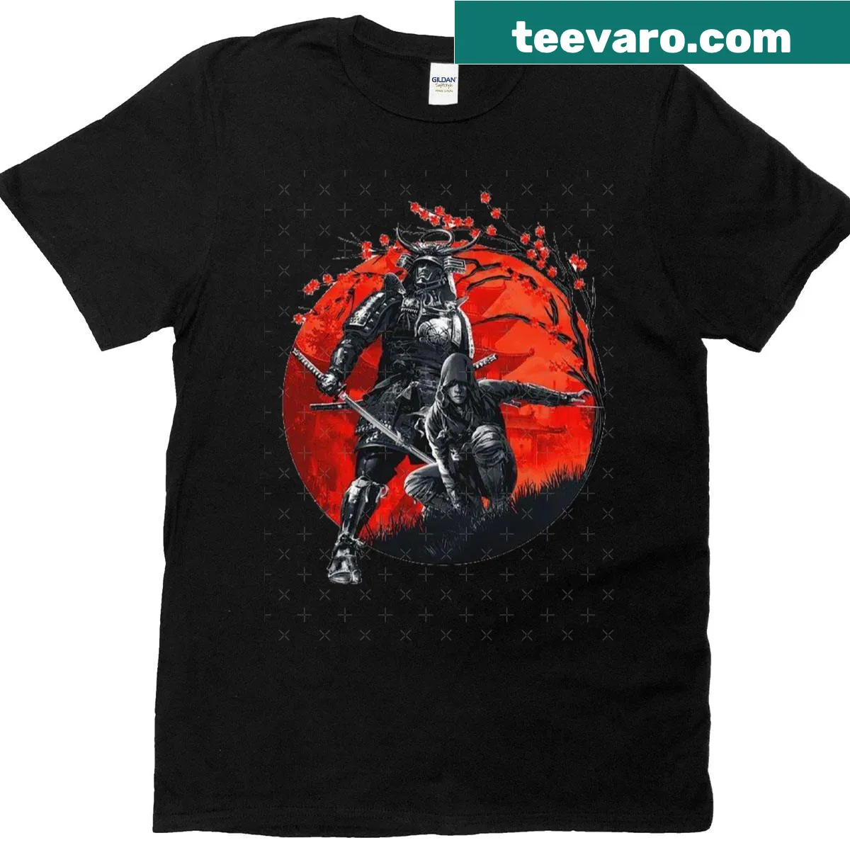 Illustration of samurai and shinobi warriors honoring feudal Japan — on a men's t-shirt